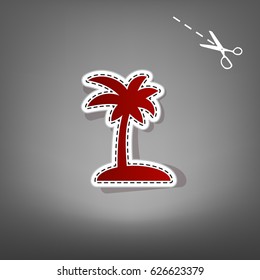 Coconut palm tree sign. Vector. Red icon with for applique from paper with shadow on gray background with scissors.