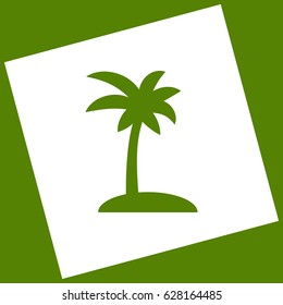 Coconut palm tree sign. Vector. White icon obtained as a result of subtraction rotated square and path. Avocado background.
