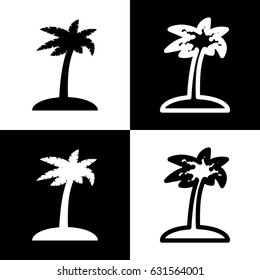 Coconut palm tree sign. Vector. Black and white icons and line icon on chess board.