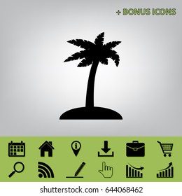 Coconut palm tree sign. Vector. Black icon at gray background with bonus icons at celery ones