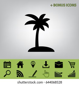Coconut palm tree sign. Vector. Black icon at gray background with bonus icons at celery ones