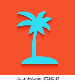 Coconut palm tree sign. Vector. Blue icon with soft shadow putted down on flamingo background.