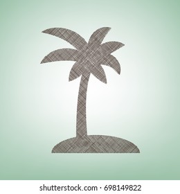 Coconut palm tree sign. Vector. Brown flax icon on green background with light spot at the center.