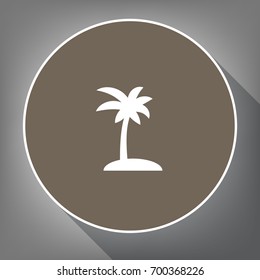 Coconut palm tree sign. Vector. White icon on brown circle with white contour and long shadow at gray background.