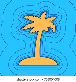 Coconut palm tree sign. Vector. Sand color icon with black contour and equidistant blue contours like field at sky blue background. Like waves on map - island in ocean or sea.