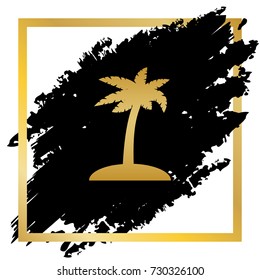 Coconut palm tree sign. Vector. Golden icon at black spot inside golden frame on white background.