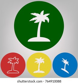 Coconut palm tree sign. Vector. 4 white styles of icon at 4 colored circles on light gray background.