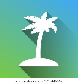 Signo de palmera de coco. Icono blanco con sombra ilimitada gris sobre fondo verde a azul. Ilustración.