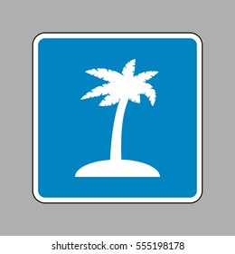 Coconut palm tree sign. White icon on blue sign as background.