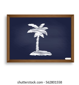 Coconut palm tree sign. White chalk icon on blue school board with shadow as background. Isolated.