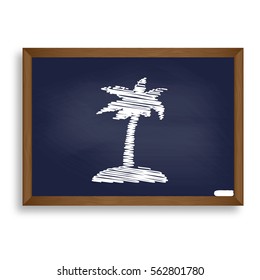 Coconut palm tree sign. White chalk icon on blue school board with shadow as background. Isolated.