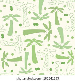 Coconut palm tree silhouette and outline seamless pattern with plant, leaf, stem and nut. Vector illustration of tropical natural design. Hand drawn elements. Endless print background texture. Retro