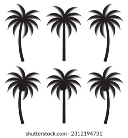 Coconut Palm Tree Silhouette Vector Illustration Isolated on White Background.