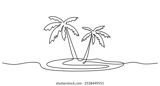 Coconut palm tree in single line art style. Beach and relaxation concept for tropical landscapes, perfect for vacation designs. Simple and clean illustration.