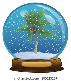 Coconut palm tree in the sphere with a snow
