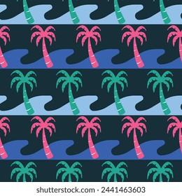 Coconut palm tree summer seamless pattern with silhouettes of palm trees, ocean waves, and sunsets illustration in vector design.