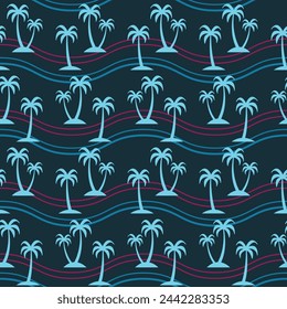 Coconut palm tree summer seamless pattern with silhouettes of palm trees and ocean wave stripes illustration in vector design.