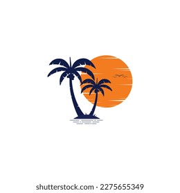 Coconut palm tree and sunset icon vector graphics