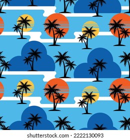 Coconut palm tree and sunset sky retro style seamless pattern. Summer celebration abstract surface. Tropical landscape vector illustration.