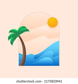 Coconut Or Palm Tree With Sunshine On Glossy Pink And Blue Background.