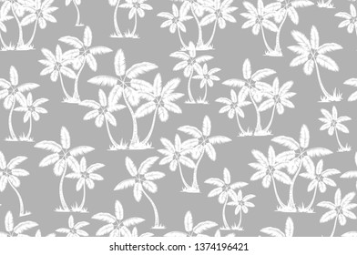 Coconut palm tree. Tropical vector Seamless pattern gray vector isolated on grey background. Hand drawn. Perfect for fabric, wallpaper or giftwrap. art