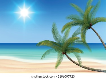 Kokospalmen Strand realistische Komposition mit Außenlandschaft mit Sand Wasser und Sonne in der Himmelsgrafik