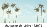 Coconut palm trees with clouds and blue sky background fade condition graphic illustration have blank space.