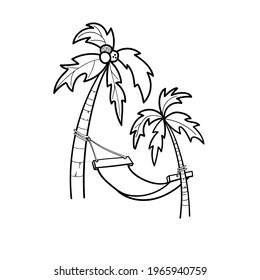 Coconut palm trees, hammock, island doodle hand drawn. Icon, logo. Sketch hand drawn isolated on white background. Vector illustration
