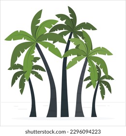 Kokosnuss und Palmen Isolierter Baum, Die Sammlung von Bäumen. Große Bäume wachsen im Sommer, was den Kofferraum groß macht. Palmen mit Schatten einzeln auf Weiß. Vektorgrafik 