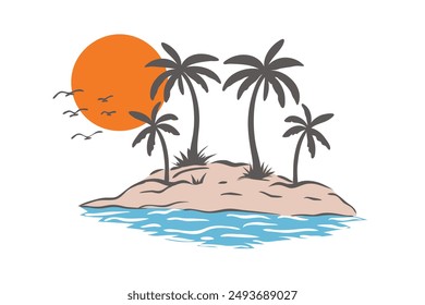 Coconut palm trees on an island with blue ocean waves and orange sun. Beach Summer time vacation concept isolated on white background. Vector design illustration.