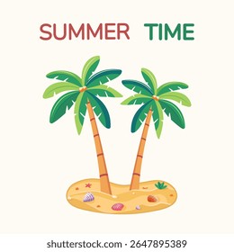 Coconut palm trees on an island with seashells on white background. Hello Summer Time concept. Poster, Banner, Flyer, Greeting Card, Icon. Vector illustration in flat style
