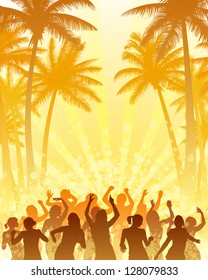 Coconut palm trees and people dancing with the sun.