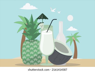 coconut palm trees and pineapple, coconut Juice drinks on a tropical beach. Summer vacation and healthy food concept. Vintage tone filter color style.