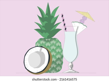 coconut palm trees and pineapple, coconut Juice drinks on a tropical beach. Summer vacation and healthy food concept. Vintage tone filter color style. Pineapple Margarita Cocktail tequila, pineapple.