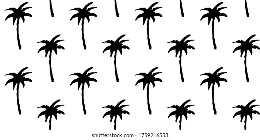 Coconut palm trees seamless pattern. Tropical  background in black and white. Sketch, hand drawn