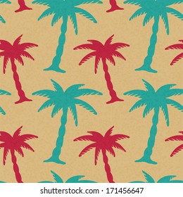 Coconut Palm Trees Silhouette Seamless Pattern . Endless Print Background Texture. Ecology. Forest. Hand Drawing. Retro. Vintage Style - vector