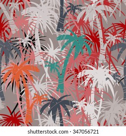 Coconut palm trees silhouettes seamless pattern. Tropical rain forest, jungle. Abstract hand drawn background texture. Cloth art design