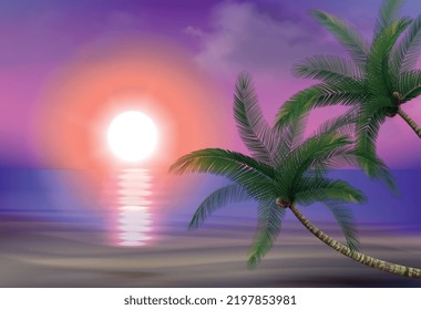 Las palmeras de coco la puesta de sol la playa composición realista con el paisaje de la caída de sol exterior cielo púrpura y plantas exóticas ilustración vectorial