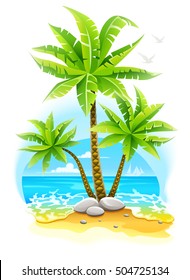 Coconut palm trees at tropical paradise island in ocean. Summer vacation landscape. Sea with waves. Foam and golden sand beach. Travel vacations concept. Vector illustration. Isolated white background