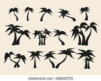 coconut palm trees vector silhouette collection set with curve shape, tall and short palm tree