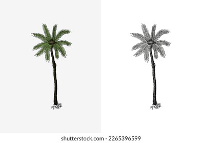 Coconut palm. Tropical trees exotic plants. Phoenix or Date varieties. Eastern landscape. Exotic nature. Linear Jungle. Hand drawn sketch in vintage style.