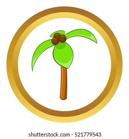Coconut palm vector icon in golden circle, cartoon style isolated on white background