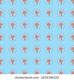 Coconut palms in blue color surrounded by the sun on a blue patterned background for summer.