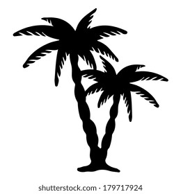 Coconut palms trees black silhouettes isolated on white background. Abstract design logo. Logotype art - vector 