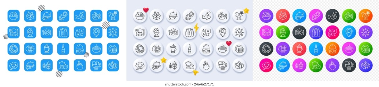 Coconut, Pasta and Latte coffee line icons. Square, Gradient, Pin 3d buttons. AI, QA and map pin icons. Pack of Grill, Coffee-berry beans, Beer bottle icon. Vector