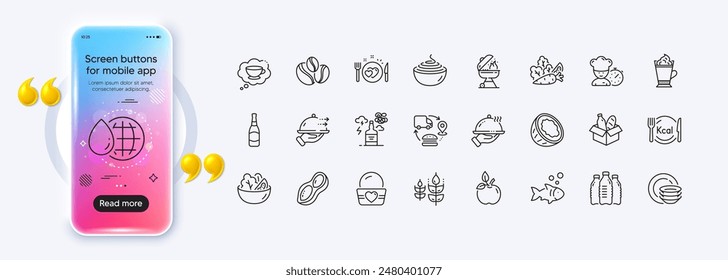 Coconut, Pasta and Latte coffee line icons for web app. Phone mockup gradient screen. Pack of Grill, Coffee-berry beans, Beer bottle pictogram icons. Vector