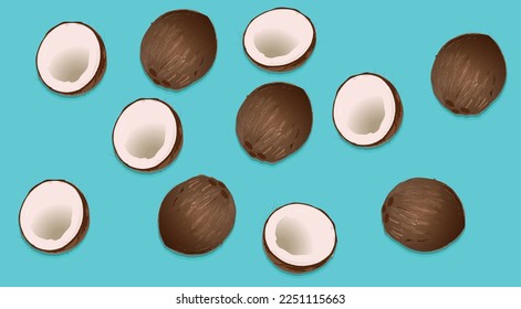 Coconut pattern on a blue background. Half and whole coconuts. Repetition concept. top view.