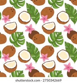 Coconut pattern with tropical leaves and pink plumeria flowers on white background. Tropical fruit wallpaper, summer decor, seamless vector pattern