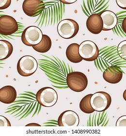 Coconut pattern. Tropical seamless pattern with Coconut palm leaves and fruits. Vector illustration.