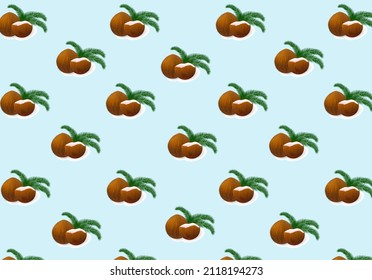 Coconut pattern. Vector seamless pattern with coconuts and coconut palm leaves on a blue background.Vector illustration.